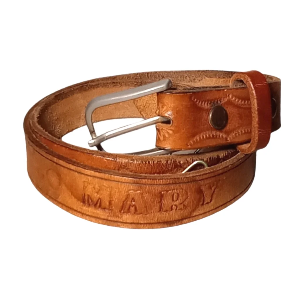 Vintage Hand Crafted Tan Western Tooled Leather Name "Mary" Women's Belt Size 32 - Picture 1 of 13
